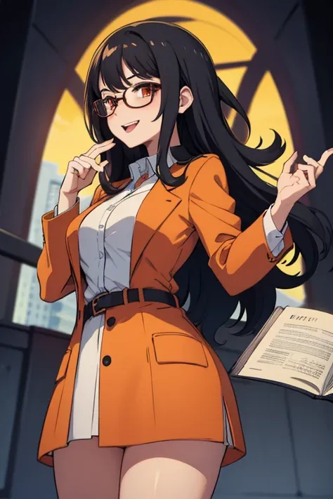 Female scientist, black hair, curly hair, medium hair, reddish orange coat, glasses, orange eyes, short, medium sized breast, grin, tounge out, teasingm 