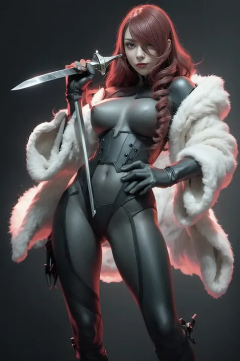 a woman with red lipstick has armor on and is holding a sword, kirijou mitsuru, 1girl, solo, hair over one eye, long hair, (((red hair))), (((red eyes))), weapon, rapier, sword, bodysuit, black bodysuit, grey bodysuit, hand on hip, (((large breasts))), sim...