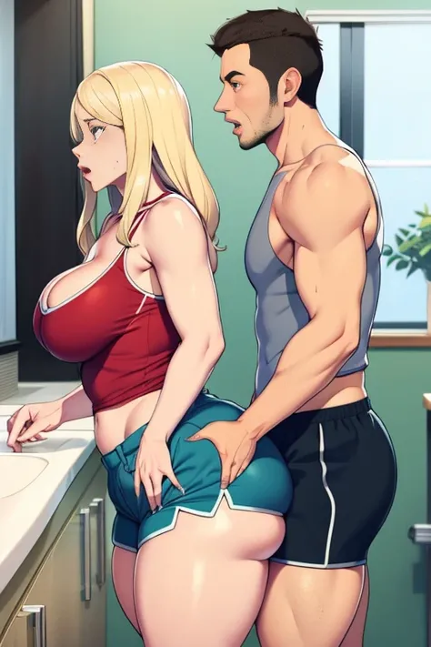 ((Bimbo))), Long Blond Hair, surprised look, concerned look, Puffy lips, Painted lips, thick lips, small , wide hips, thick thighs, Huge ass, The face of craving desire , cleavage, mature mom, standing at sink, teasing, athletic shorts, guy is groping her ...