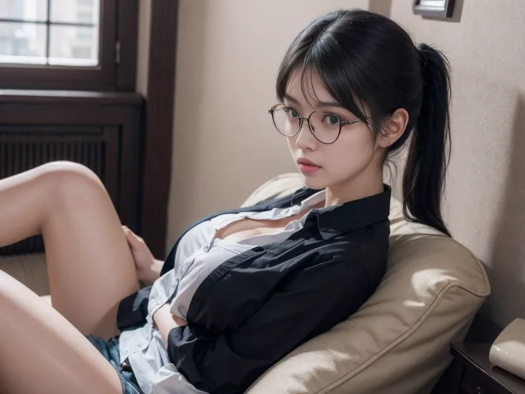 20 year old woman， black hair color hair， short ponytail， thin frame glasses， thinking face， （Wear button-down shirts， medium breasts）， sit down， study， off and on， lying on sofa，  opened Book， Book， off and on， in living room， wall decorate， 迷你图Book馆， gla...