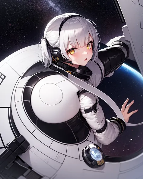 masterpiece, best quality, 1girl, (space), spacecraft, (spacesuit), upper body, from side, science fiction, yellow eyes, twintails, silver hair,