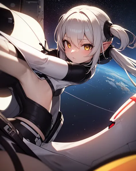 masterpiece, best quality, 1girl, (space), spacecraft, (spacesuit), upper body, from side, science fiction, yellow eyes, twintails, silver hair,