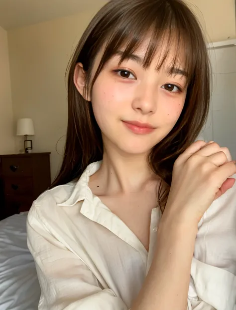 Japanese、Beauty、24-years-old、Completely naked、Open-front linen shirt、panties、(Wink:1.2)、round face、plump body、bedroom、With bangs、straight hair、bright hair color、Pointed mouth、Selfie with both hands、selfie、Moist eyes、gentle expression、