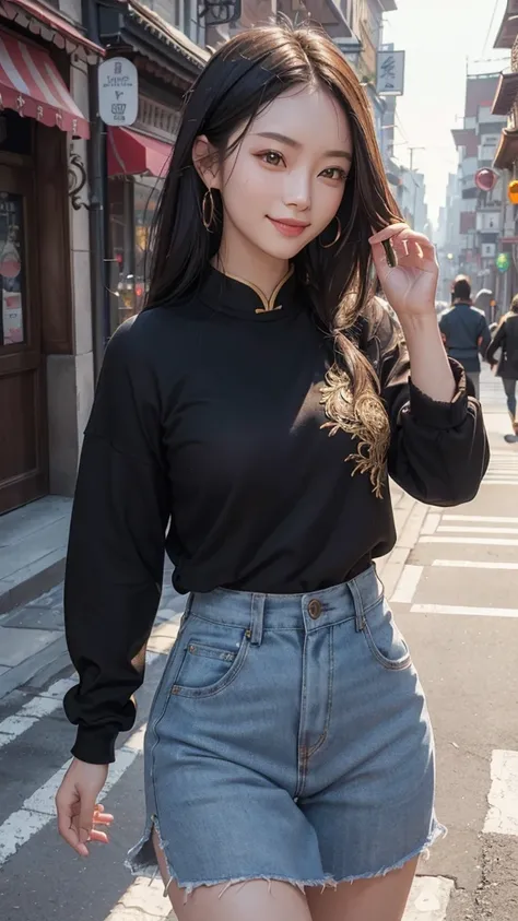 (realistically, masterpiece, 8K HD, Good lighting quality, casual wear, fit snugly on face, intricate details), one，chinese woman, 25 years younger, happy, The smile is bright, Detailed faces, perfect style、combed black hair，casual wear，evening，street、The ...