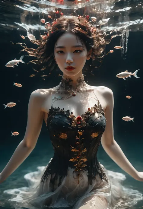 photo RAW, (Black and red : full body picture of a ghostly girl laying in the sea, the sea is black color, bird view, gold and black fishes around, pearls in the sea, highly detailed, intricate motifs, by Android jones, Januz Miralles, Hikari Shimoda, perf...