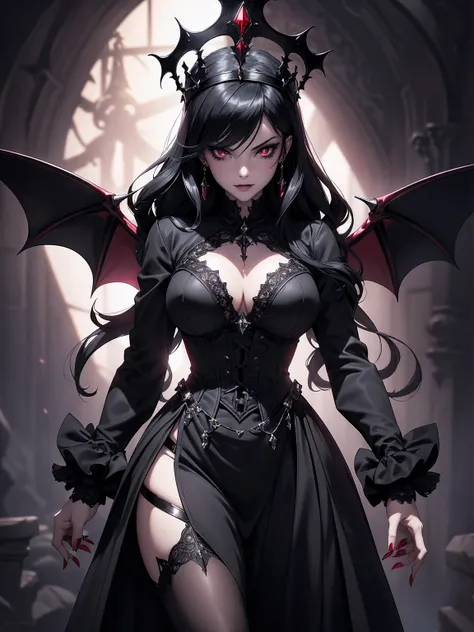 absurdres, ((stunning female Vampire))), goth Renaissance, (long black hair:1.erfect and detailed angular sharp oval shaped face, ((redeyes)), jewelry, red and black tetradic colors, full lips, gothic castle background, (solo), perfect anatomy, approaching...