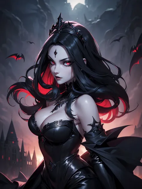 absurdres, ((stunning female Vampire))), goth Renaissance, (long black hair:1.erfect and detailed angular sharp oval shaped face, ((redeyes)), jewelry, red and black tetradic colors, full lips, gothic castle background, (solo), perfect anatomy, approaching...