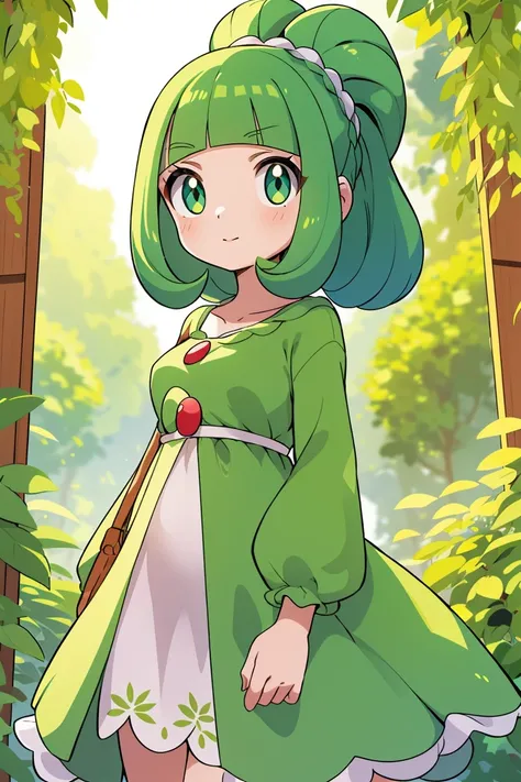 Obra de arte, Melhor_qualidade, 1 meninas, apenas, Guarda,  Pokémon (criatura), cabelo verde, Olhos vermelhos, vestido de empregada, vila