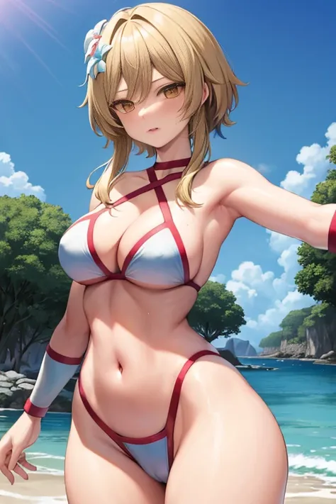 masterpiece, high resolution, best quality, rendered art, beautiful art, well formed hands, body and fingers, 1 woman,Lumine, grown up, mature woman, big breasted, cleavage, loose long hair,wearing a Tyris Flare outfit, sexy and skimpy bikini, alluring bod...