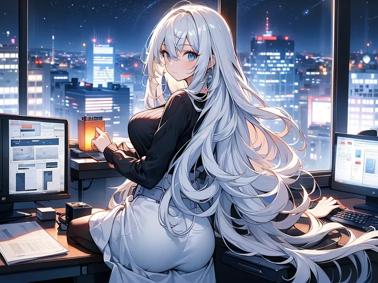 ((masterpiece,best quality)),(handled hair), half body, solo, young woman, long hair, white hair, bangs, hair between eyes, gray blue eyes, sitting at the desk, hands on keyboard, facing monitor, ((one monitor)), window, night outside, city panorama, moder...