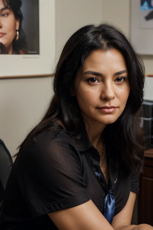 (Photorealistic: 1.37), close-up portrait of a 50 year old woman, beautiful black hair, looking at the camera head-on, vivid colors, soft lighting, sitting in his office with shirt and tie