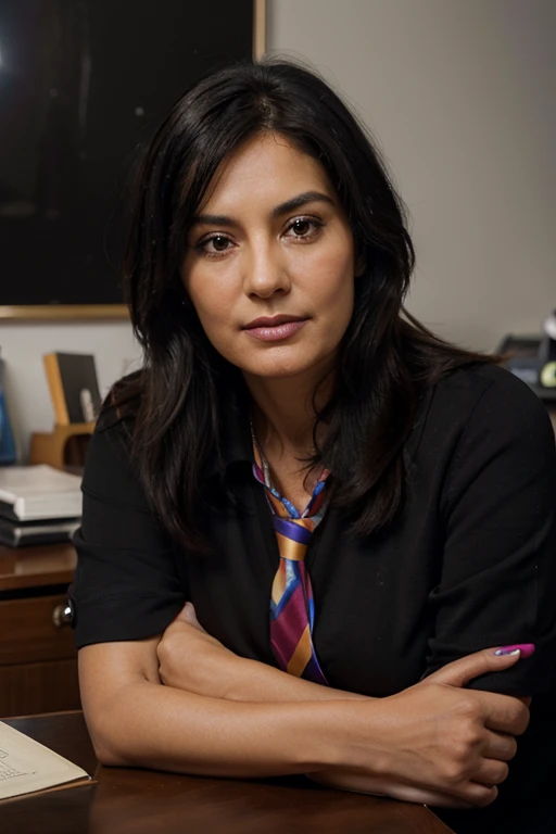 (Photorealistic: 1.37), close-up portrait of a 50 year old woman, beautiful black hair, looking at the camera head-on, vivid colors, soft lighting, sitting in his office with shirt and tie