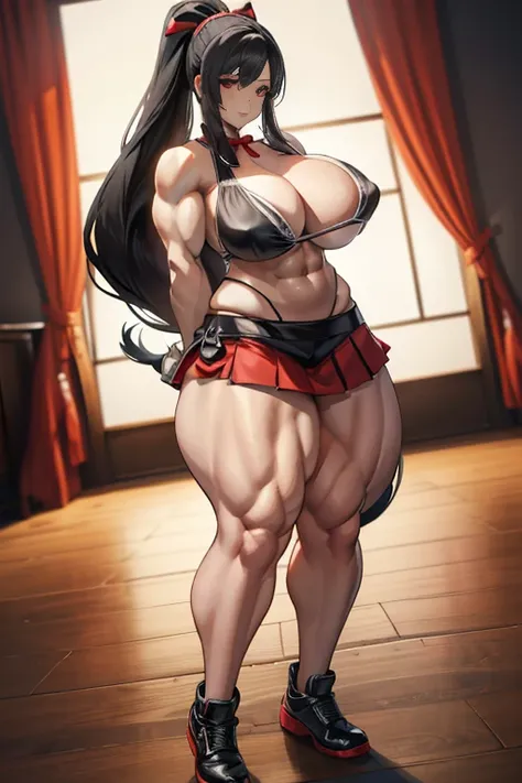 Best quality,8K,ultra high res:1.5),(Pretty very very long ponytail hair tied with red ribbon girl),(Huge breasts:1.20),(very voluptuous body),(very voluptuous thigh),(body builder girl:1.5),(wide muscle:1.8),(light smile),(eyes to camera),(light black hai...