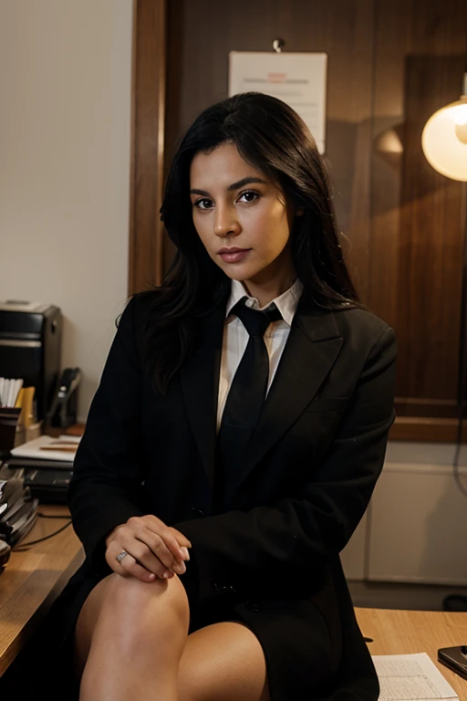 (Photorealistic: 1.37), close-up portrait of a 50 year old woman, beautiful black hair, looking at the camera head-on, vivid colors, soft lighting, sitting in his office wearing a coat and tie