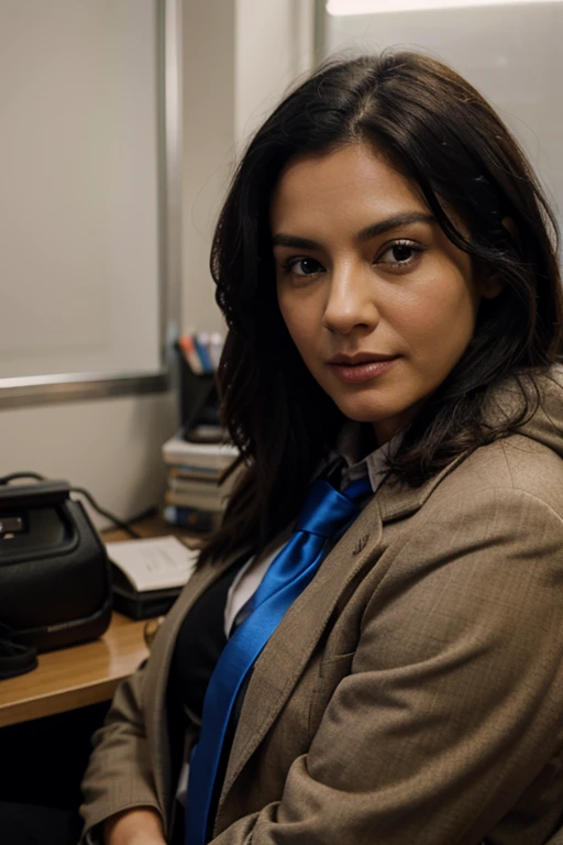 (Photorealistic: 1.37), close-up portrait of a 50 year old woman, beautiful black hair, looking at the camera head-on, vivid colors, soft lighting, sitting in his office wearing a coat and tie