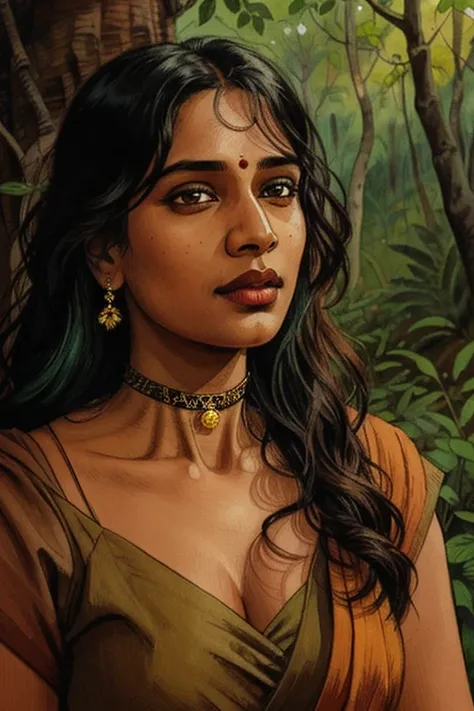 illustration, Indian woman, choker, closeup, forest background, best quality, ultra-detailed, realistic, portraits, vibrant colors, soft lighting