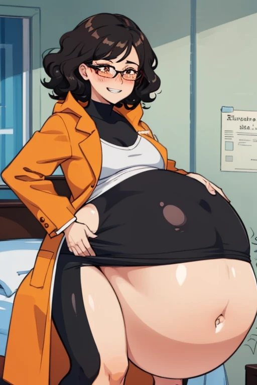 Female scientist, black hair, semi-curly hair, medium hair, glasses, orange eyes, short, medium sized breast, exposed belly, embarrassed, blushing, redish orange coat, on bed, grinning, vore, big belly, round belly, black leggings