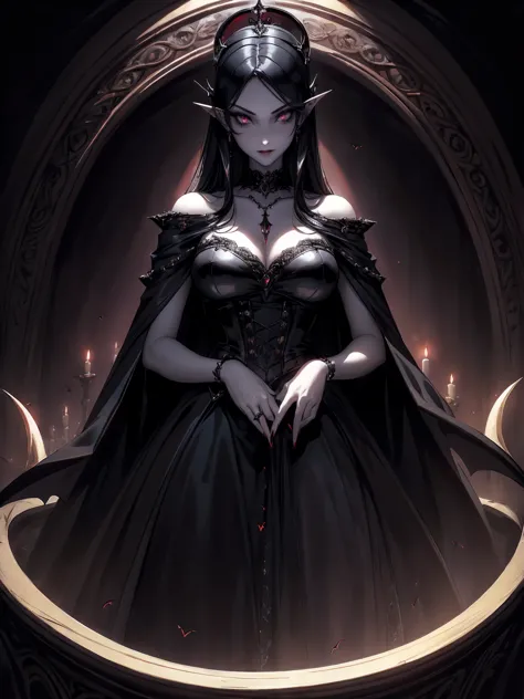 absurdres, ((stunning female vampire))), goth renaissance, (long black hair:1.erfect and detailed angular sharp oval shaped face...