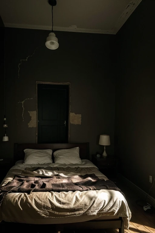 In a dimly lit bedroom, It has an eerie atmosphere. There are cracks and old wallpaper on the wall, そしてベッドにはボロボロのpeople形と色あせたシーツが並んでいます. In the center of the room is an old wooden bed, covered with a thick layer of dust.
[3] = The bedroom environment is da...