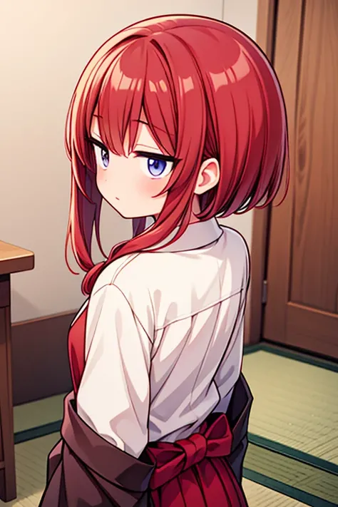 two-dimensional, masterpiece, best quality, Japanese cartoons, The facial details are very rich, highly detailed eyes, highly detailed back ground, perfect lighting, 1 girl, alone, whole body, permanent, White shirt, Red hair, vignettes 