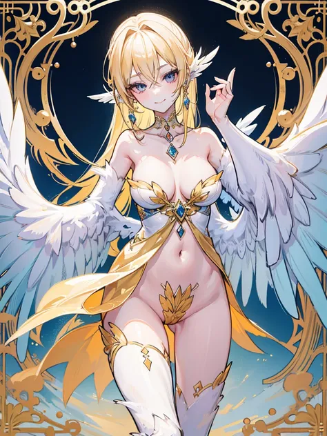 In this captivating artwork, a stunning harpy with a seductive smile graces the scene, her nude form exuding an alluring charm. With an astute touch, her majestic wings gracefully conceal her body, effortlessly enhancing the enticing atmosphere. This lavis...