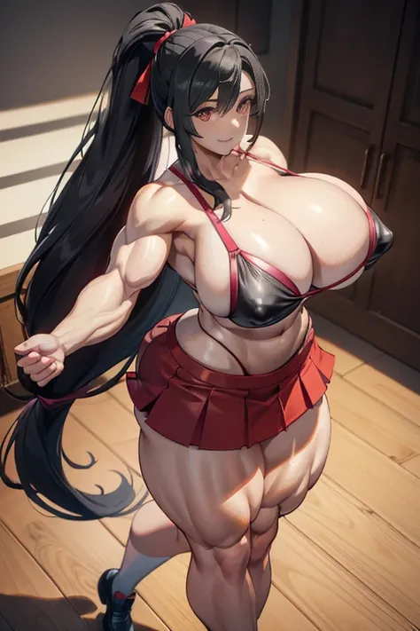 Best quality,8K,ultra high res:1.5),(Pretty very very long ponytail hair tied with red ribbon girl),(Huge breasts:1.20),(very voluptuous body),(very voluptuous thigh),(body builder girl:1.5),(wide muscle:1.8),(light smile),(eyes to camera),(light black hai...