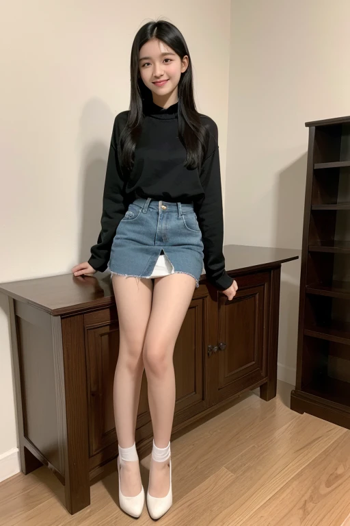 Real shot，quality，1 sister，cute，black hair，14 years old，Smile，Detailed face shape，whole body，huge ，thin waist，long legs，wear，wear鞋，In the corner of the room，A well-behaved and obedient sister，absolute obedience，Follow everything，Do not dare to disobey，