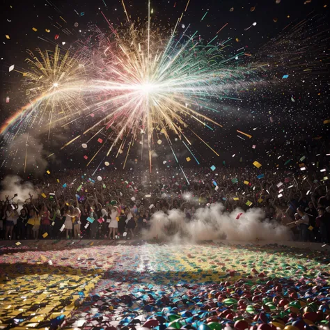 colorful confetti,(explosion, scattering) of bright colors, vibrant celebration, festive atmosphere, joyful party, floating specks of color, fluttering confetti, (glittering, shimmering) confetti in the air, dancing confetti particles,(splashes of color, b...