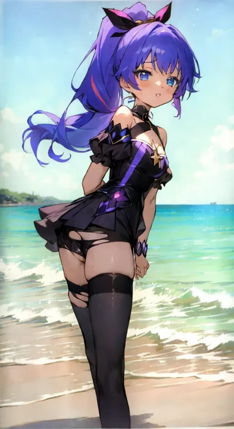 just a peek, anime coloring, 54" woman, old and torn sparkly purple brassier, visible midriff, black skinny rocker shorts, long curly multi-color hair, ponytail with bow, ocean blue eyes, microphone and stand, heavy rain, beach, soaking wet clothes, AAcup,...