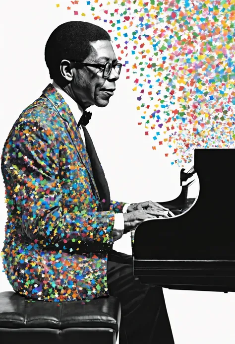 Herbie Hancock plays the piano, Herbie Hancock the great pianist, a dark man, he does not like colored confetti, he is a musician with warm but strong tones at the same time, confetti in the air, musical notes in the air, magical, acion, epic, zentangle, o...