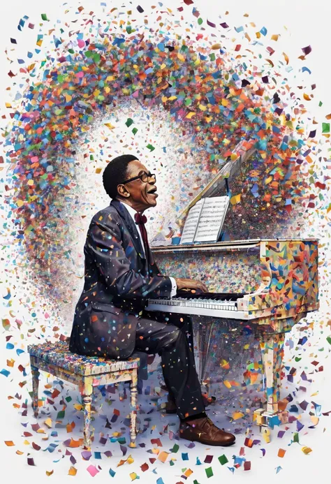 Herbie Hancock plays the piano, the great pianist, a dark man, he does not like colored confetti, he is a musician with warm but strong tones at the same time, confetti in the air, musical notes in the air, magical, acion, epic, zentangle, origami