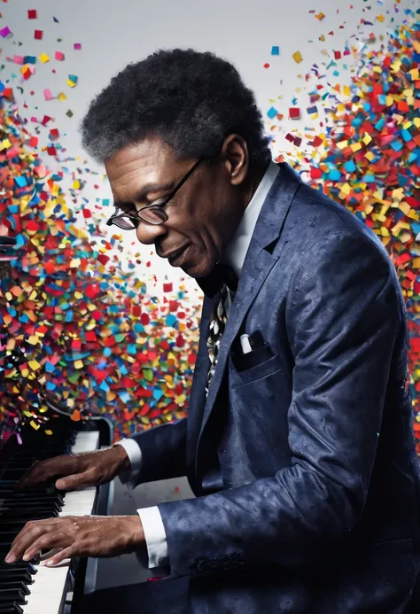 Herbie Hancock plays the piano, the great pianist, a dark man, he does not like colored confetti, he is a musician with warm but strong tones at the same time, confetti in the air, musical notes in the air, magical, acion, epic, zentangle, origami