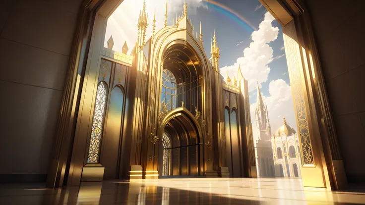 Virtual Scene Design,Everything is golden, huge golden door、rainbow gradient galvanized fiberglass, Surreal visual representation, majestic architecture, Personal, Complex, exquisite details,（blender, oc rendering, Natural light, ray tracing, 8K）