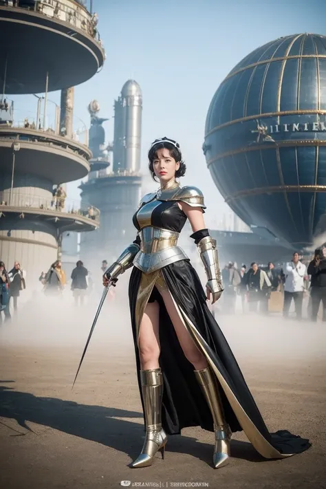 Woman in futuristic dress stands in front of a large crowd of people, large dieselpunk flying airships, dribble, Inspired by Gil Elvgren, fantasy paladin female, Inspired by Mark Brooks, [ Bubble, Portrait of Helen of Troy, Science - Fi : :, golden armor  