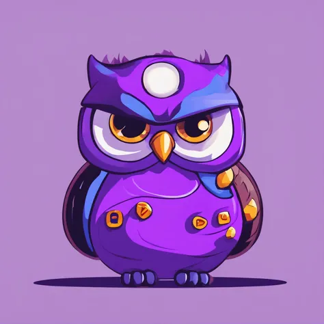 An owl resting on a gaming controller with the color scheme of purple and black. Use a 50 mm cinematic lens with a straightforward shot.