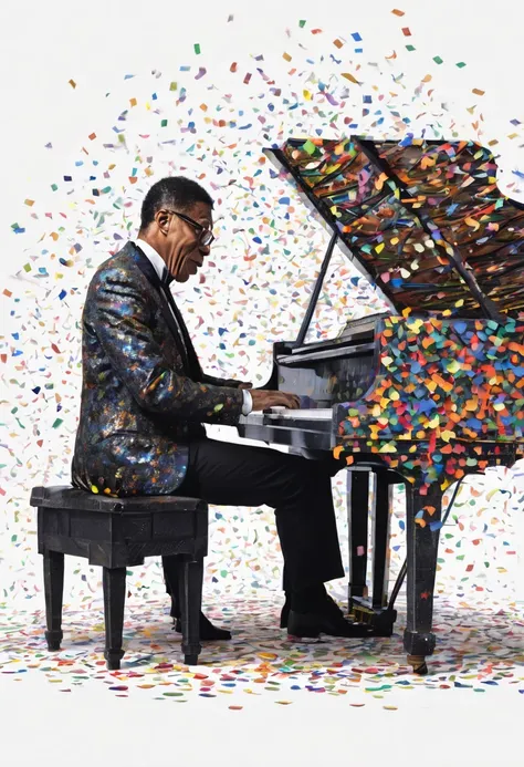 Herbie Hancock plays the piano, the great pianist, a dark man, he does not like colored confetti, he is a musician with warm but strong tones at the same time, confetti in the air, musical notes in the air, magical, acion, epic, zentangle, origami