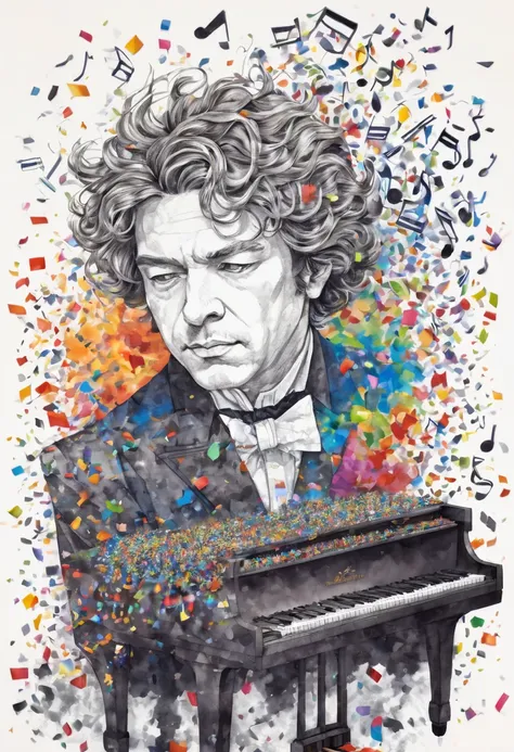 Beethoven plays the piano,the great pianist, a dark man, he does not like colored confetti, he is a musician with warm but strong tones at the same time, confetti in the air, musical notes in the air, magical, acion, epic, zentangle, origami