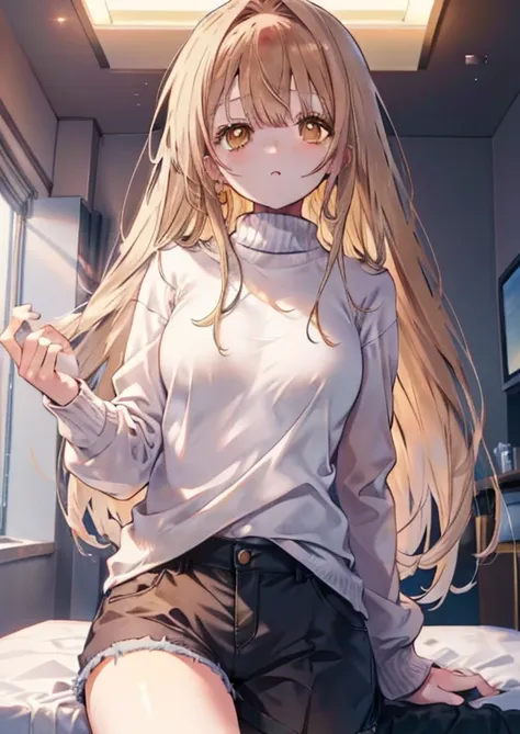 mahirusha, mahiru shiina, blonde hair, (brown eyes:1.7), long hair, white long sweater,shorts,black pantyhose,love hotel bed,cro...