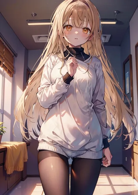 mahirusha, mahiru shiina, blonde hair, (brown eyes:1.7), long hair, white long sweater,shorts,black pantyhose,love hotel bed,cro...