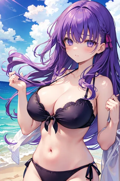 1 girl, best quality, masterpiece, high resolution, solo, HD resolution, best quality, good quality, {matou_sakura_fatestaynightufotable:1.15}, purple_hair, long_hair, ribbon, hair_ribbon, purple_eyes, 1 girl, short bikini, beautiful bkini, purple bikini ,...