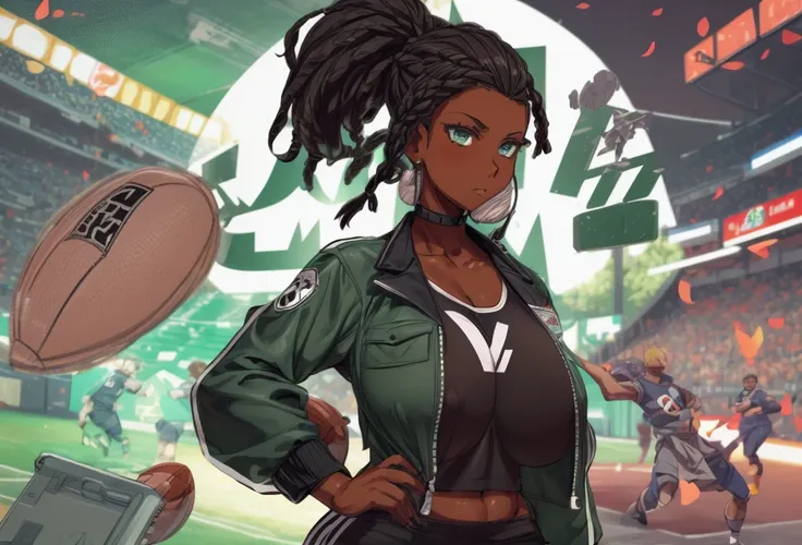 (masterpiece, top quality, best quality,official art, beautiful and aesthetic:1.2),anime drawing of an dark skin woman with a black braids and a black shirt((cool football logo)), wearing brown sports jacket halfbody headshot, sports fan girl, single braid...