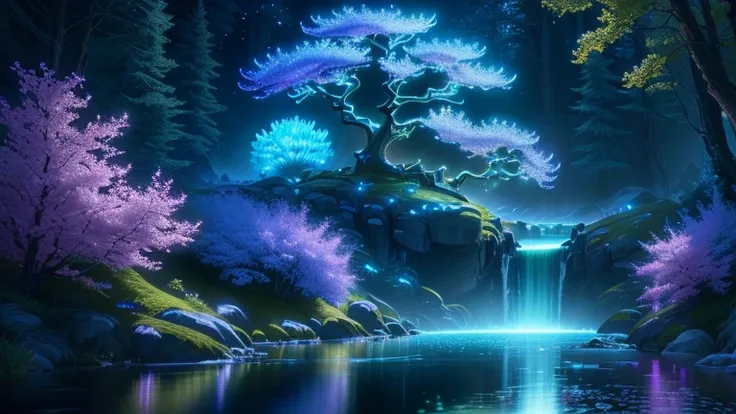 beautiful land, High resolution, Hyper Resolution, HD, Glistening, Bioluminescent, Cinematic, Studio, Ray Tracing, extremely detailed, insanely detailed, Mythical scenery, beautiful trees, Colorful flowers, Water flowing, 