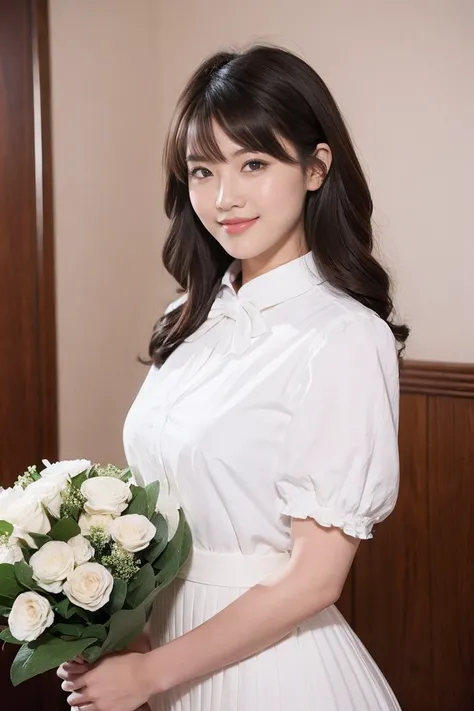 Medium view, medium shot, Depth of bounds written, bust, Upper body, cinematic angle, masterpiece, highest quality, Super detailed, cg, 8k wallpaper, beautiful face, delicate eyes, maiden, alone, smile, bangs, skirt, shirt, have, dress, bow, petal, bouquet