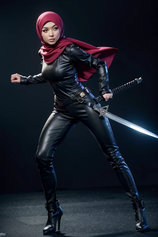 a woman wearing hijab sexy in a black outfit with a sword , badass pose, full body , attack pose, black canary, fight pose