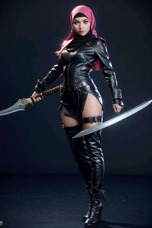 a woman wearing hijab sexy in a black outfit with a sword , badass pose, full body , attack pose, black canary, fight pose