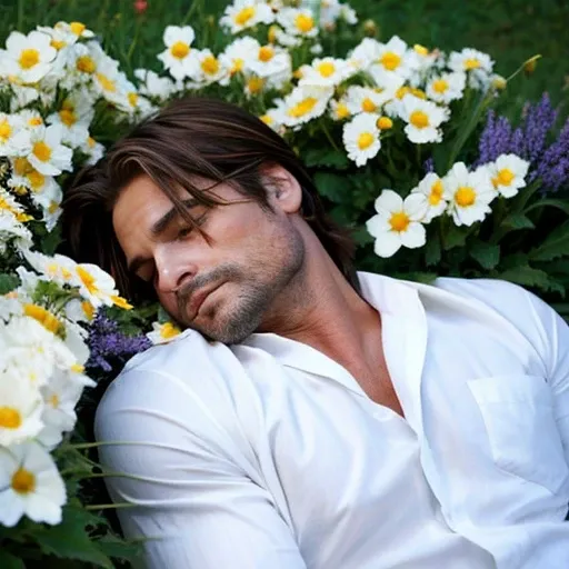 Josh holloway dormido en un campo de flores, blancas, rojas y amarillas, sin camisa y con el cabello rubio muy largo, ojos azules