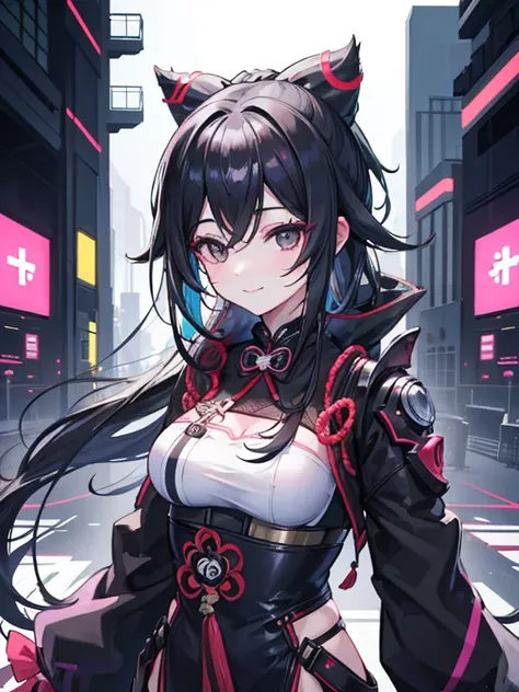 Best Quality, 1 Girl, (Genshin Shock), Black Hair, Black Eyes, Long Hair, Hair bow, Look at the Audience, Waves, Smile, Cyberpunk