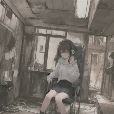 masterpiece, one girl, alone, incredibly absurd, hoodie, headphones, rain, neon,Future Soul Arts, Dirty woman sitting on chair in dilapidated house, wet and messy hair above the eyes,pleated skirt. vixip, Close-up scenery, hurt. hand drawn, cinematic light...