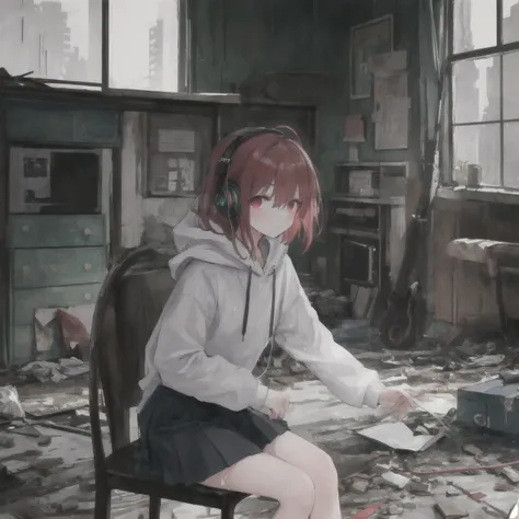 masterpiece, one girl, alone, incredibly absurd, hoodie, headphones, rain, neon,Future Soul Arts, Dirty woman sitting on chair in dilapidated house, wet and messy hair above the eyes,pleated skirt. vixip, Close-up scenery, hurt. hand drawn, cinematic light...