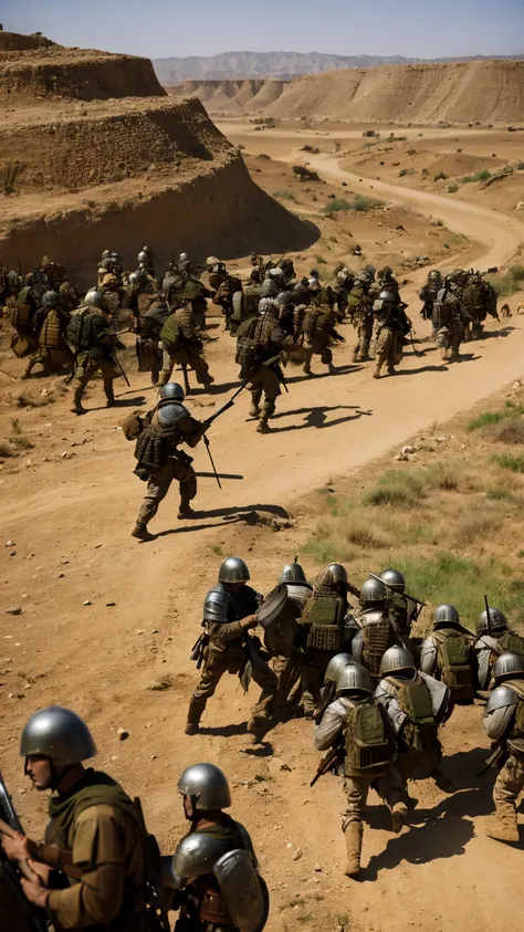 Baldwin leading a small group of soldiers against Saladins invasion, depicting a tense and strategic atmosphere, in a rugged, medieval battlefield setting.